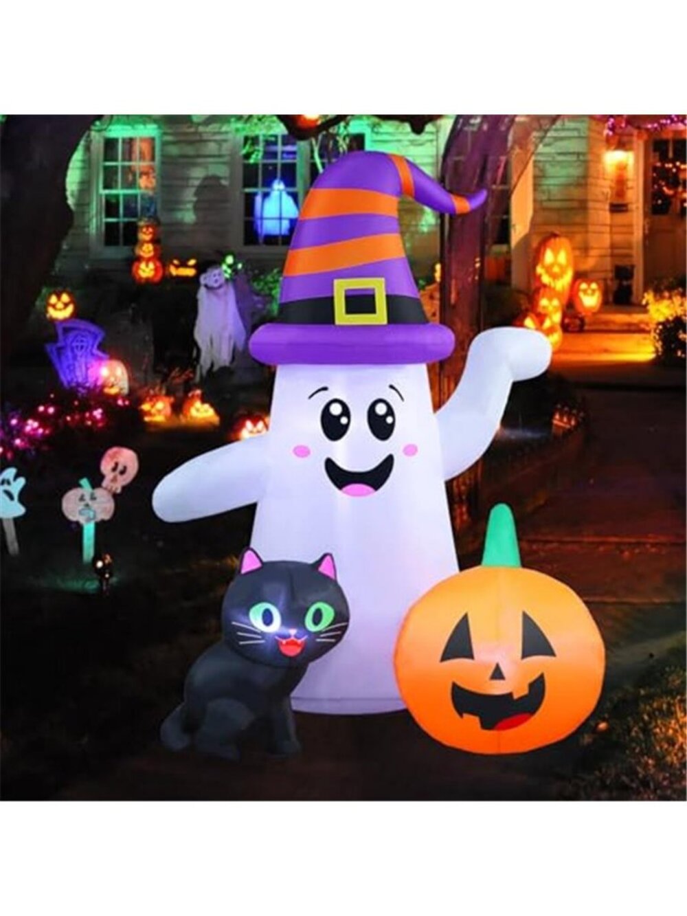 5 FT Halloween Inflatables, Cute Ghost with Pumpkin Black Cat Blow Up